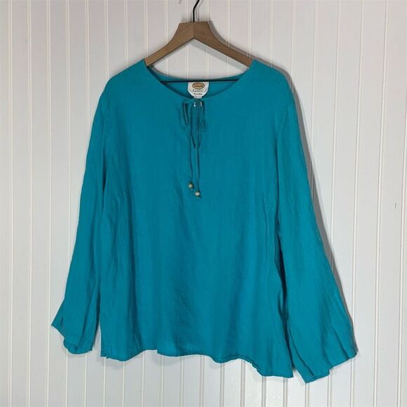 Talbots Woman Irish Linen Top 2X Aqua Blue Tie Neck Long Sleeve Blouse Cottage - Picture 1 of 9
